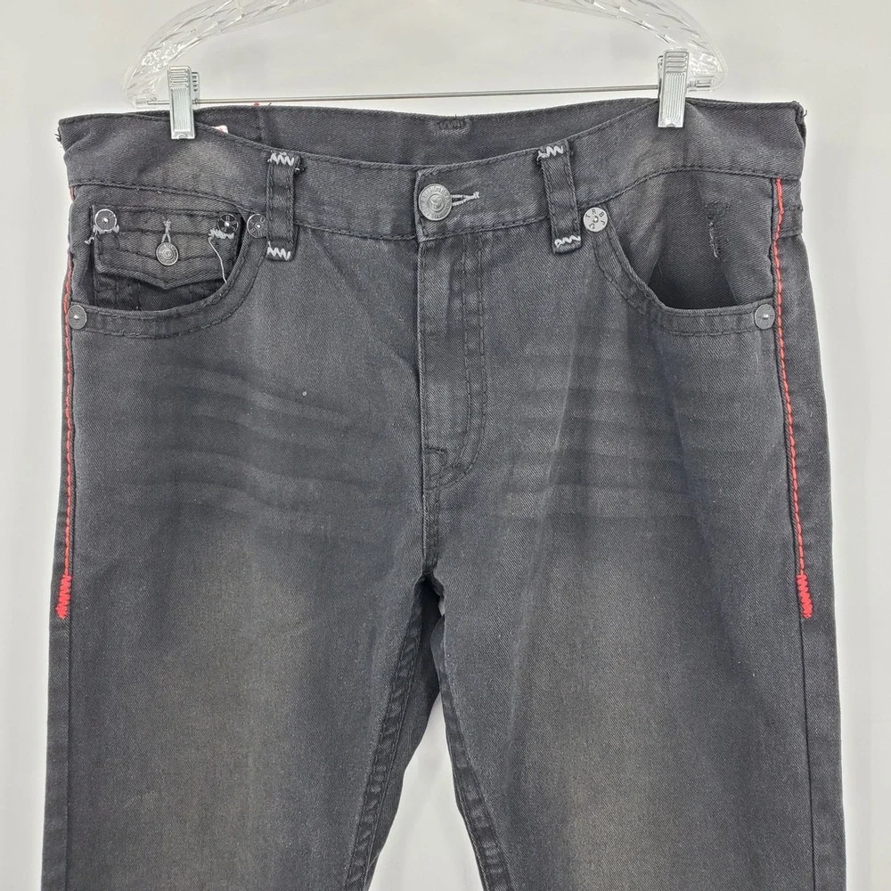 True Religion Ricky Super T Mens 42 Black Jeans Red Contrast Stitch‎ Made in USA